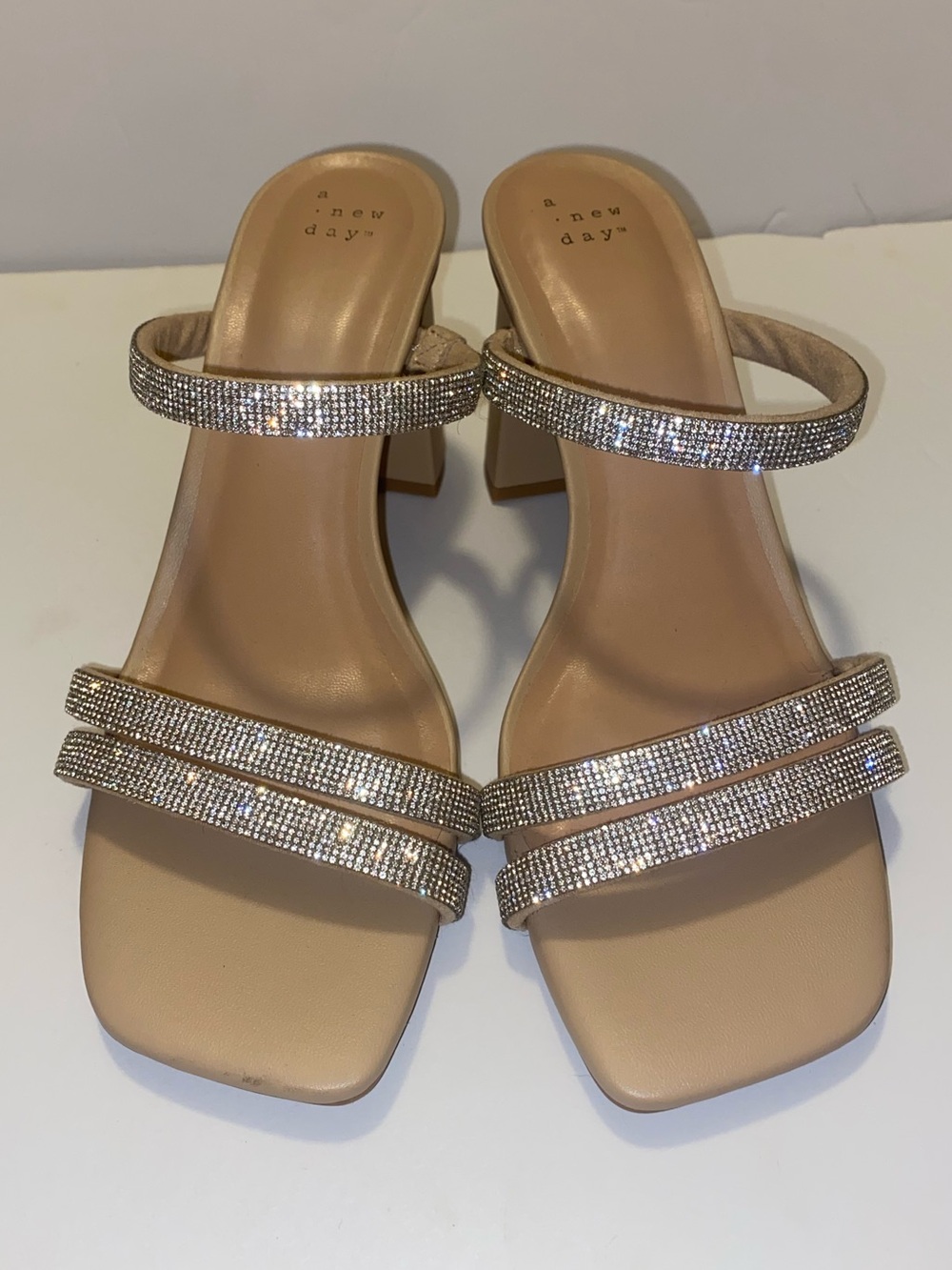 NWOT A New Day Nude Crystal-Strap Block Heel Sandals Size 9